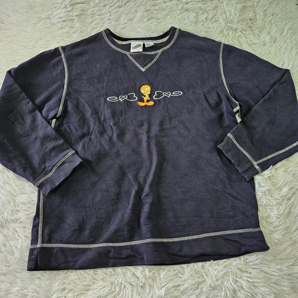 Warner Bros Studio Store‎ VTG 90s Tweety Bird Navy Contrast Stitch Sweatshirt XS